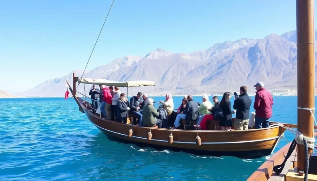 Tourists enjoying a winter day cruise on a traditional dhow boat in Khasab's fjords with perfect weather conditions