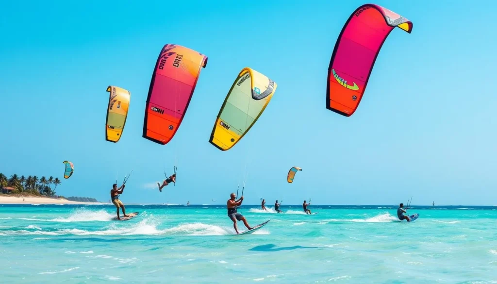 Tourists enjoying kitesurfing at Negombo Beach with colorful kites against blue sky