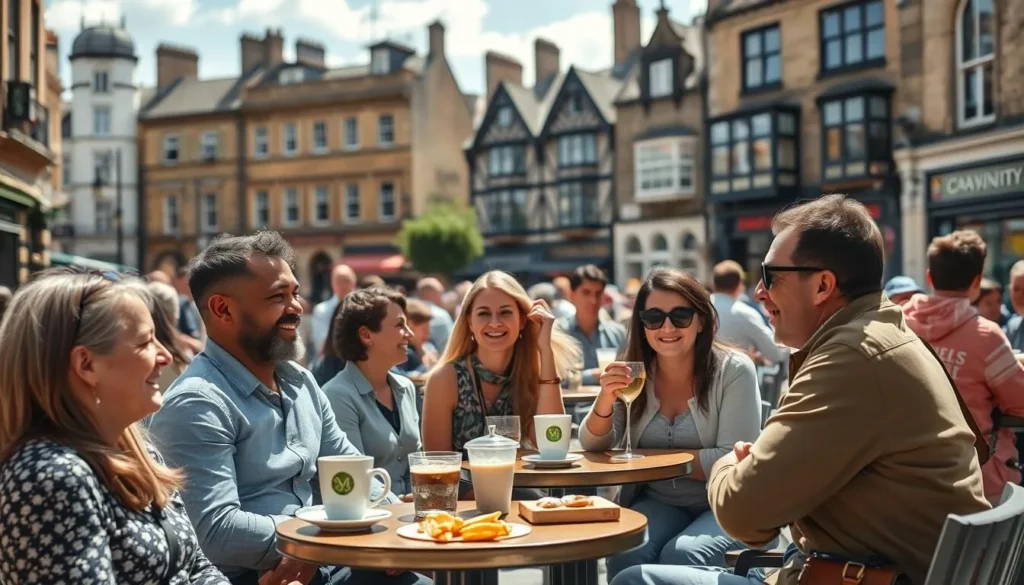 Tourists enjoying outdoor cafe in Lancaster city center Tourists enjoying outdoor cafe in Lancaster city center