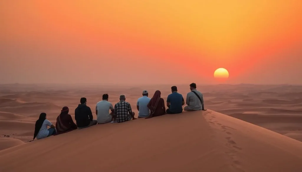 Tourists enjoying sunset from top of sand dune in Wahiba Sands, Oman