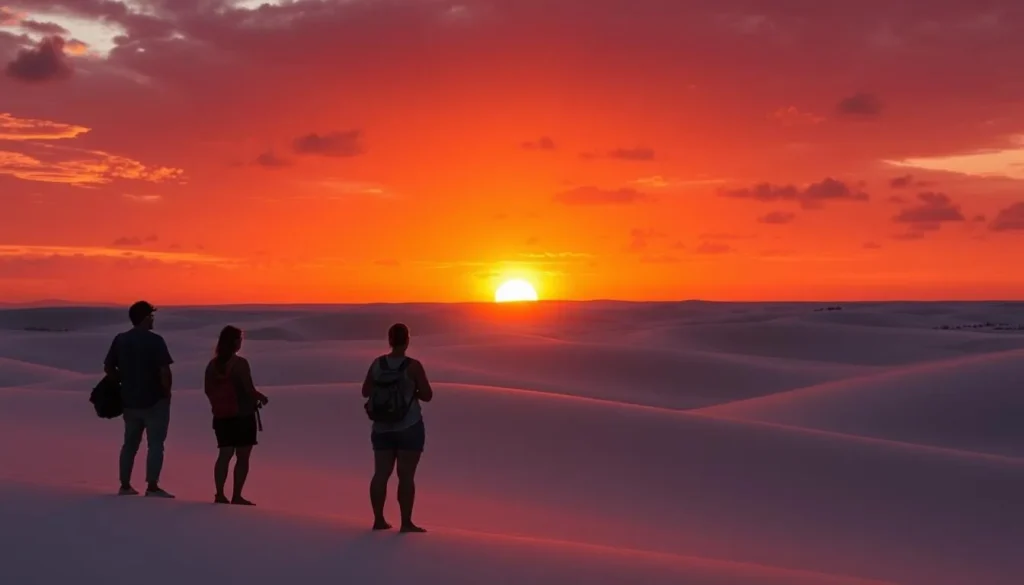 Tourists enjoying sunset over the dunes in Lencois National Park Brazil Tourists enjoying sunset over the dunes in Lencois National Park Brazil