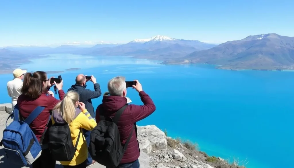 Tourists enjoying the Peter's Lookout viewpoint at Lake Pukaki with Mount Cook in the background