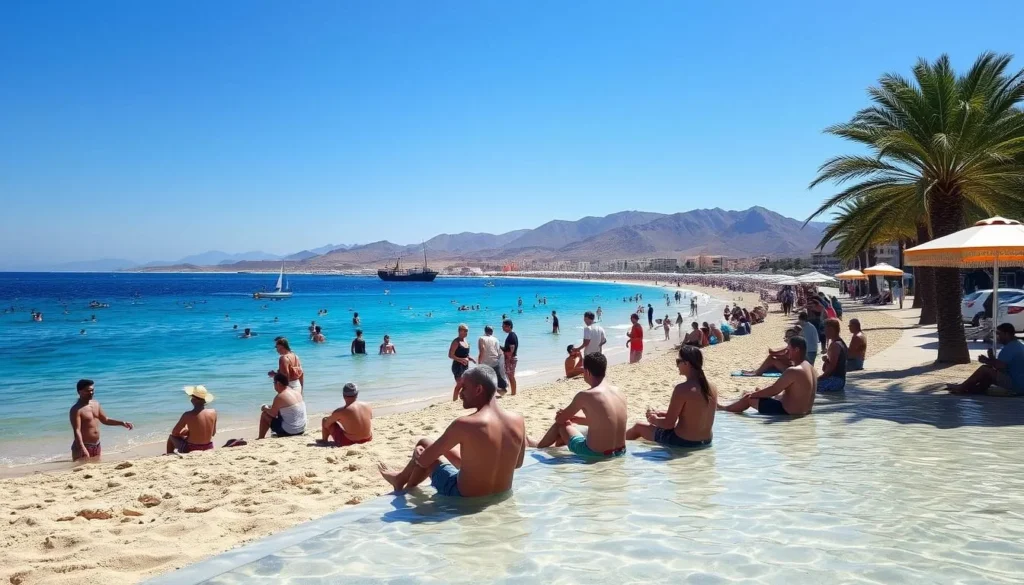 Tourists enjoying the beach in Aqaba during perfect weather, one of the best things to do in Aqaba Jordan