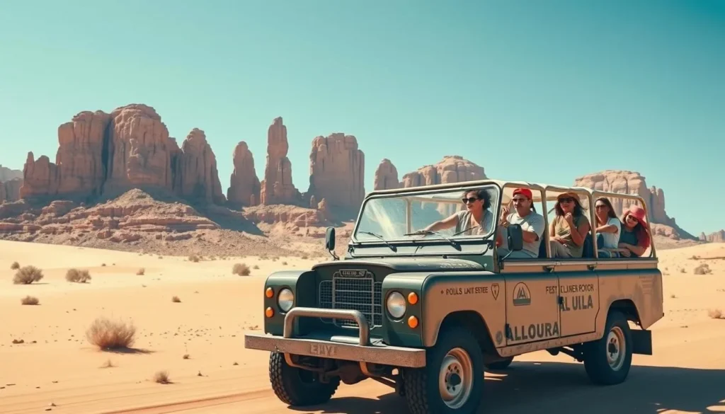 Tourists exploring Al Ula in a vintage Land Rover with desert landscape backdrop Tourists exploring Al Ula in a vintage Land Rover with desert landscape backdrop