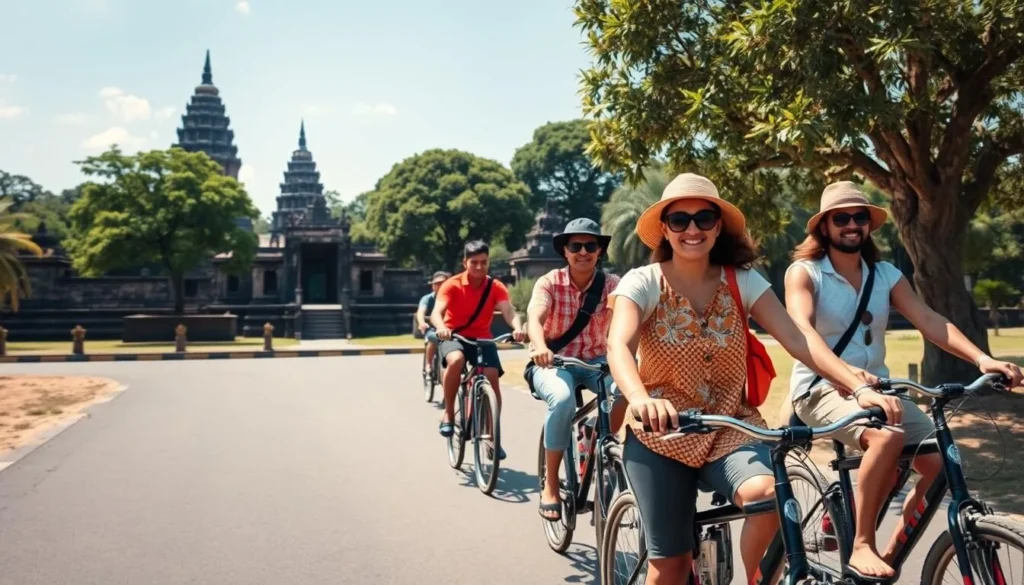 Tourists exploring Anuradhapura's ancient ruins by bicycle on a sunny day