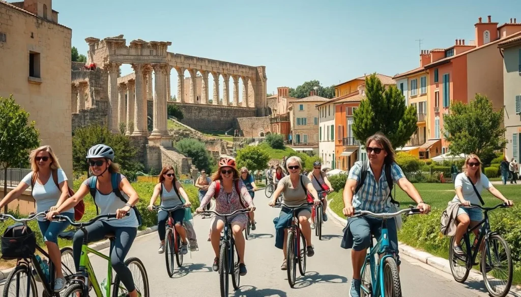 Tourists exploring Arles on bicycles passing by ancient Roman ruins and colorful Provençal buildings Tourists exploring Arles on bicycles passing by ancient Roman ruins and colorful Provençal buildings