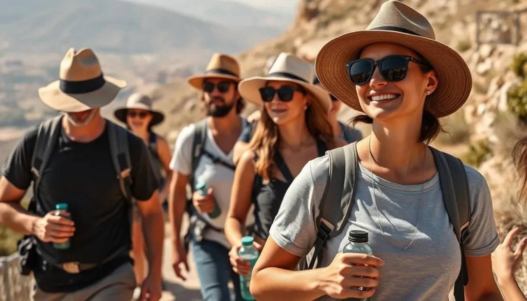 Tourists exploring Mount Tabor with proper hiking gear and sun protection