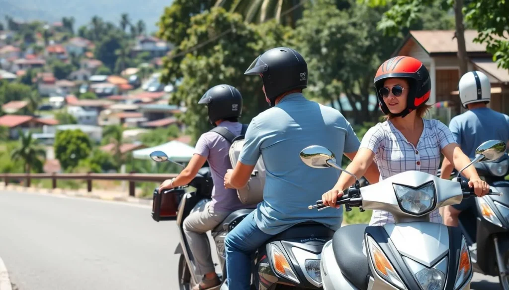 Tourists exploring Phonsavan on rented motorbikes with the town in the background