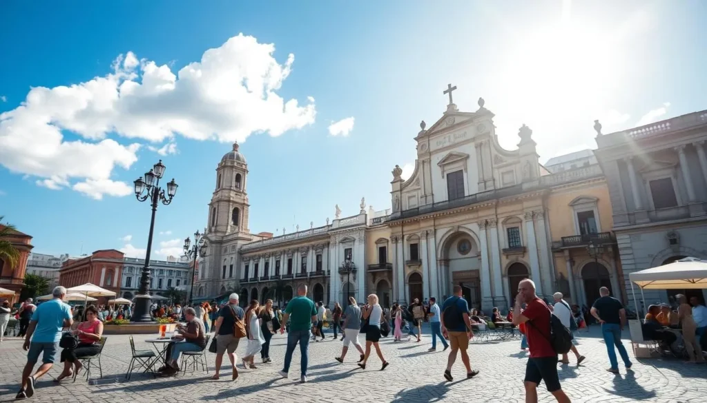 Tourists exploring Plaza de la Catedral in Old Havana on a sunny day with the cathedral in background