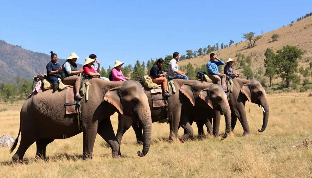 Tourists exploring Royal Manas National Park on an elephant safari through grasslands