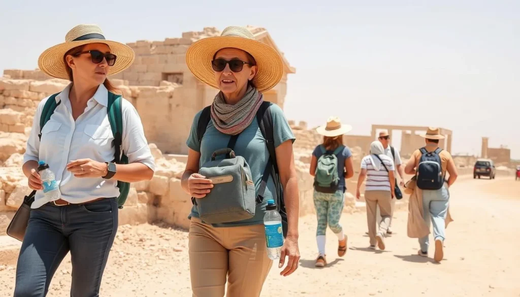 Tourists exploring Saar archaeological site with proper attire for the desert climate