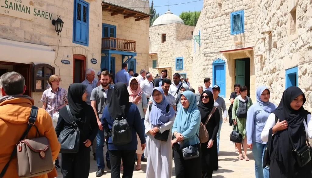 Tourists exploring Safed's Old City wearing modest clothing appropriate for visiting religious sites