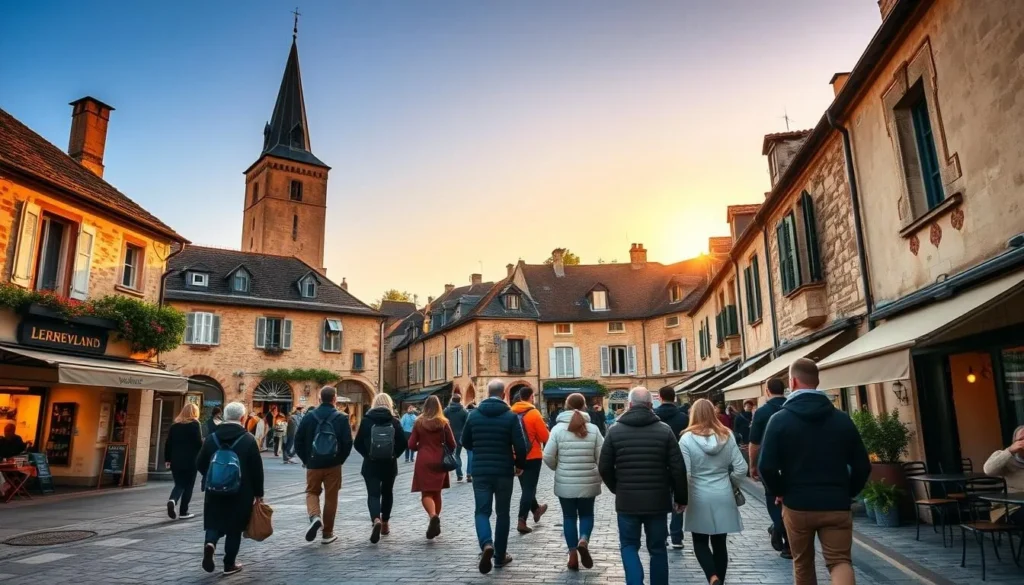 Tourists exploring Saint-Emilion during the golden hour with proper attire for the season Tourists exploring Saint-Emilion during the golden hour with proper attire for the season