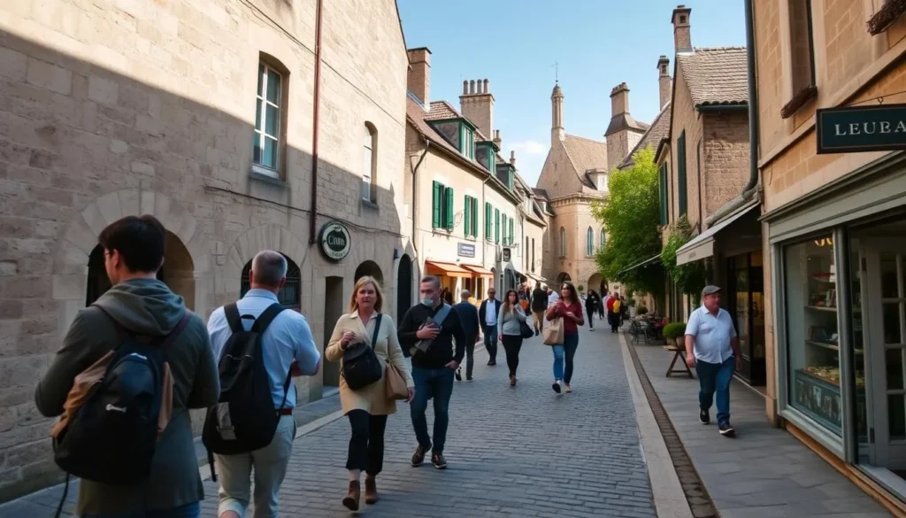 Tourists exploring Saint-Emilion's cobblestone streets on a sunny spring day Tourists exploring Saint-Emilion's cobblestone streets on a sunny spring day
