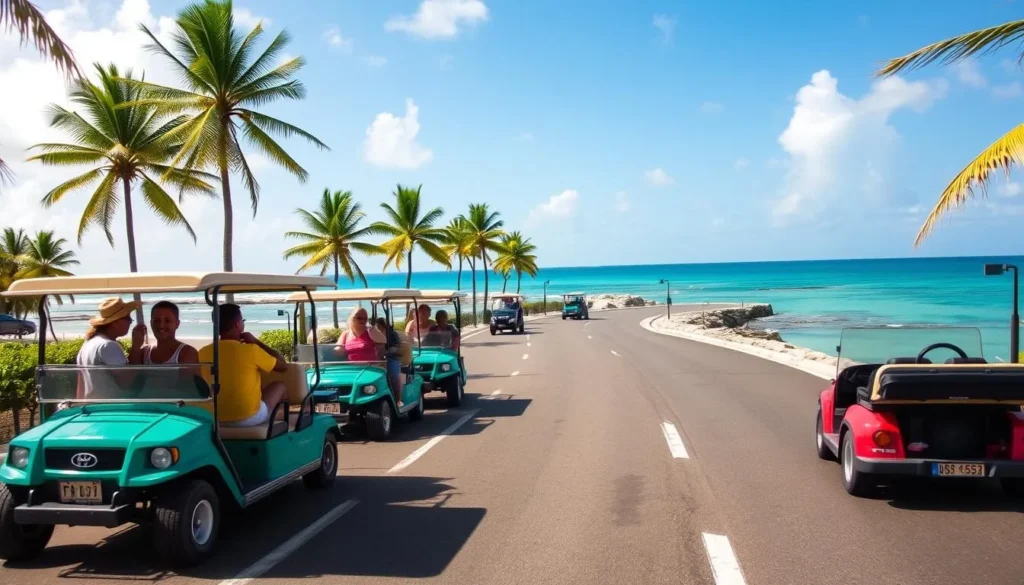 Tourists exploring San Andres Island on colorful golf carts