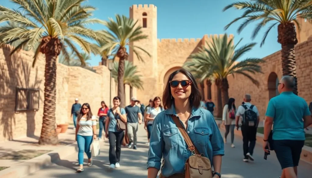 Tourists exploring Tozeur during the ideal spring season with palm trees and clear blue skies