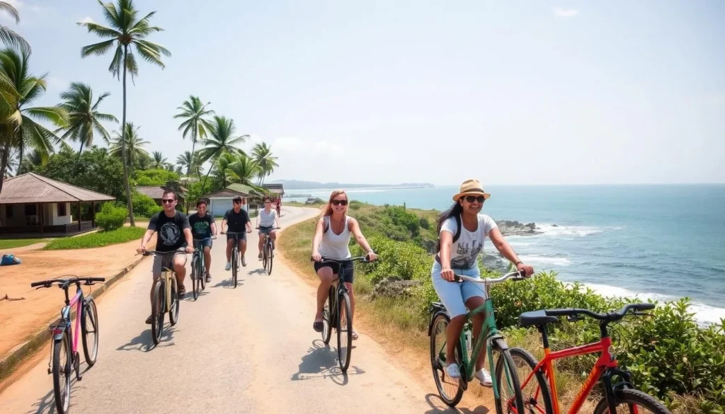 Tourists exploring Velanai Island on bicycles Tourists exploring Velanai Island on bicycles