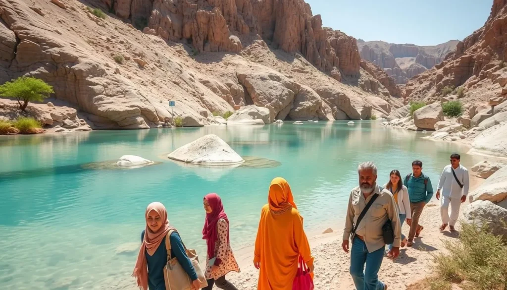 Tourists exploring Wadi Hoqain in Rustaq during the ideal winter season with comfortable temperatures Tourists exploring Wadi Hoqain in Rustaq during the ideal winter season with comfortable temperatures