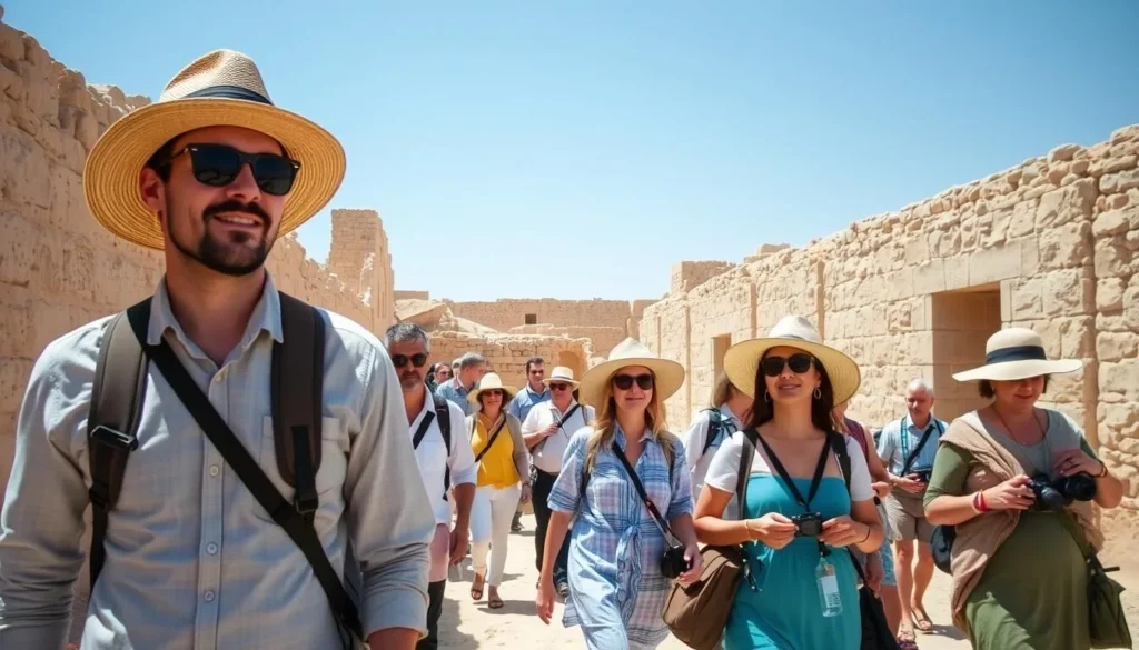 Tourists exploring a ksar in Tataouine wearing appropriate desert attire including hats and light clothing Tourists exploring a ksar in Tataouine wearing appropriate desert attire including hats and light clothing
