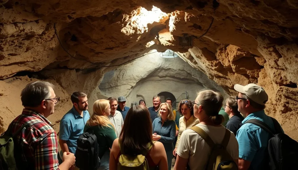 Tourists exploring an underground opal mine in Coober Pedy, South Australia with a local guide