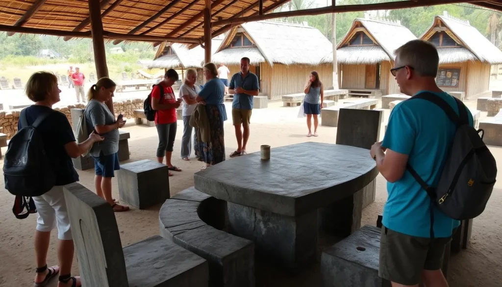Tourists exploring stone chairs at Huta Siallagan ancient Batak village in Ambarita