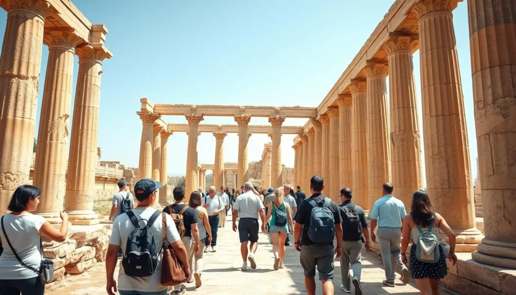 Tourists exploring the Al-Bass archaeological site in Tyre, Lebanon
