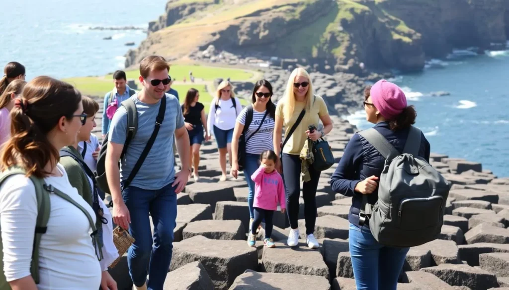 Tourists exploring the Giant's Causeway basalt columns with a tour guide