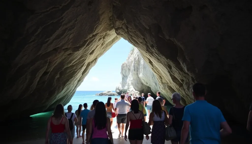 Tourists exploring the natural arch at Hell's Gate Island in Antigua and Barbuda Tourists exploring the natural arch at Hell's Gate Island in Antigua and Barbuda