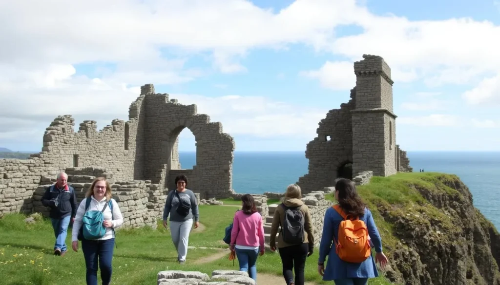 Tourists exploring the ruins of Dunluce Castle on the Antrim Coast with ocean views Tourists exploring the ruins of Dunluce Castle on the Antrim Coast with ocean views