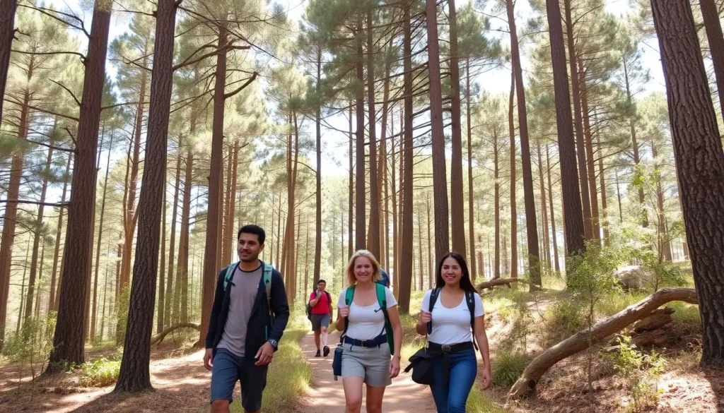 Tourists hiking on a trail through cedar forest in Khenifra National Park