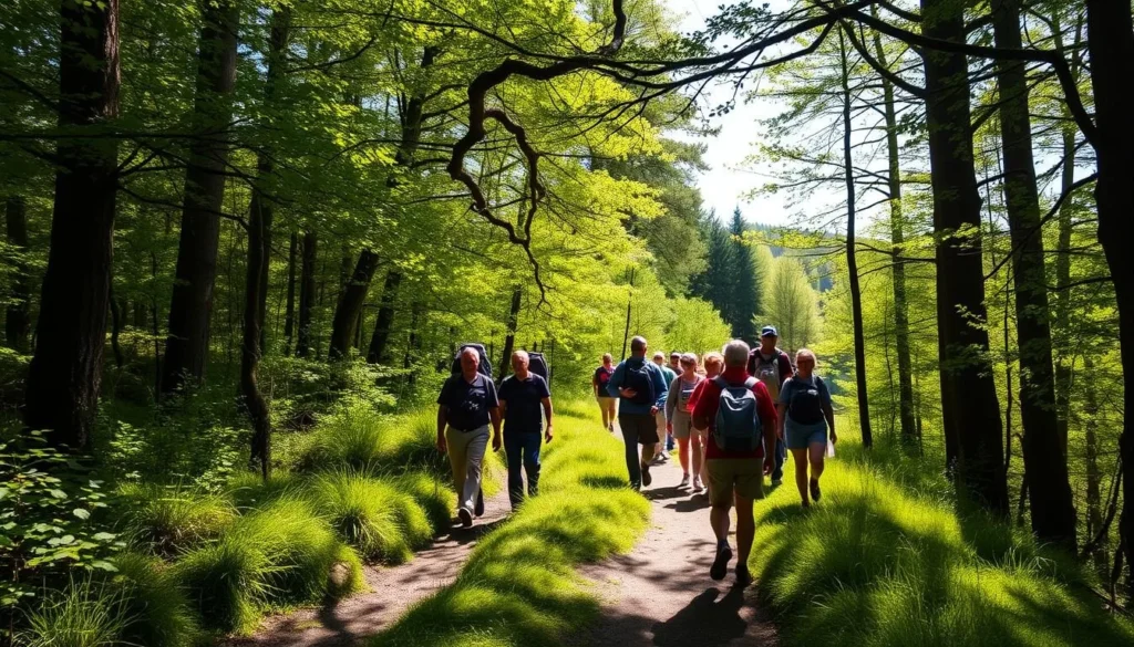 Tourists hiking on a trail through the forest in Trossachs National Park