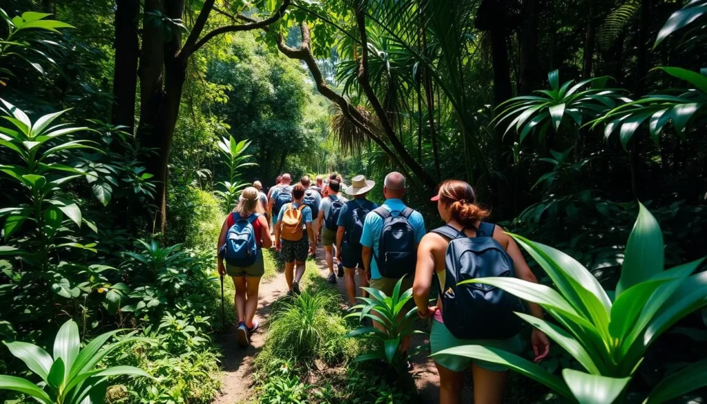 Tourists hiking through lush rainforest trails in Saint Mary, Antigua