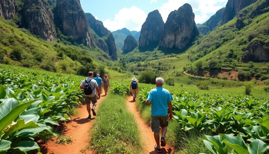 Tourists hiking through the lush tobacco fields and limestone formations of Viñales Valley near Havana