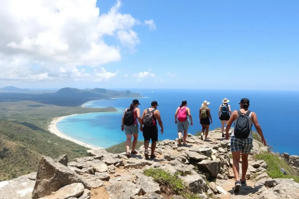 Tourists hiking to a viewpoint on Hell's Gate Island with panoramic views of Antigua's coastline Tourists hiking to a viewpoint on Hell's Gate Island with panoramic views of Antigua's coastline