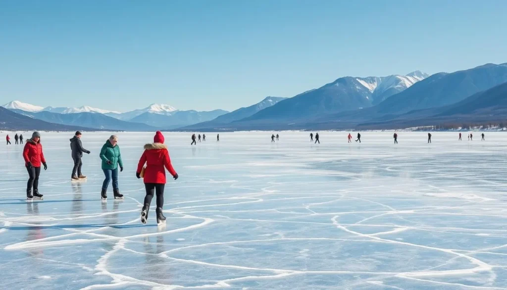Tourists ice skating on the clear frozen surface of Lake Baikal in winter with mountains in the background Tourists ice skating on the clear frozen surface of Lake Baikal in winter with mountains in the background
