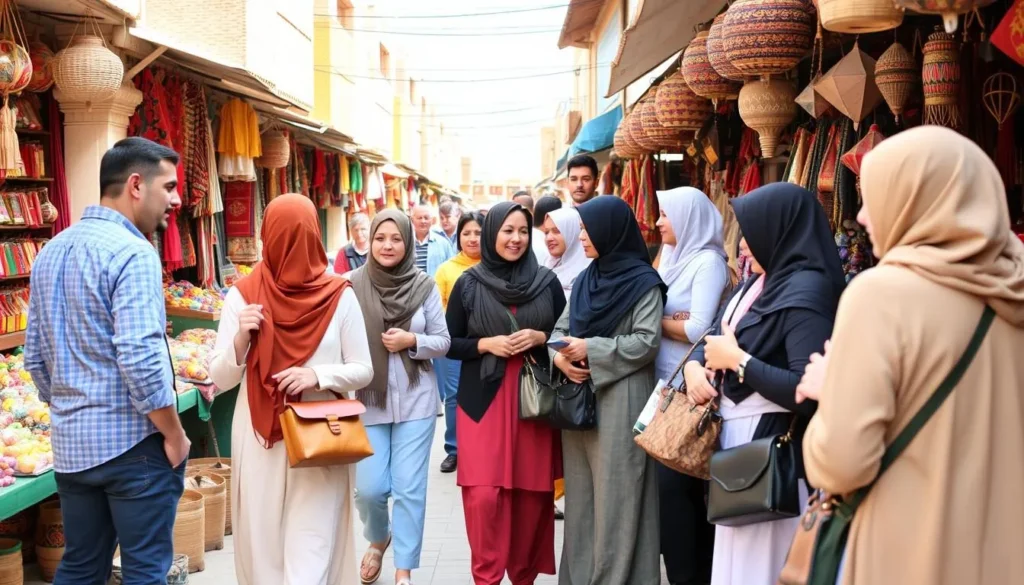 Tourists in appropriate modest clothing exploring a market in Errachidia Morocco