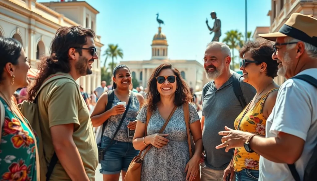 Tourists interacting with friendly locals in Las Tunas city center