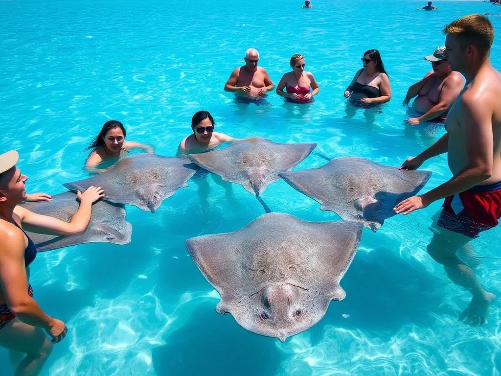 Tourists interacting with friendly stingrays in clear shallow waters at Stingray City Antigua