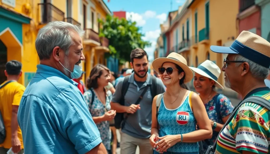 Tourists interacting with local residents in Banes, Cuba