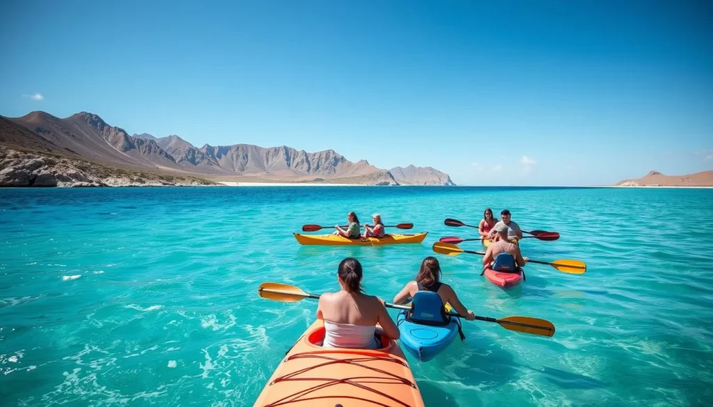 Tourists kayaking along the shores of Isla Cerralvo with mountains in background