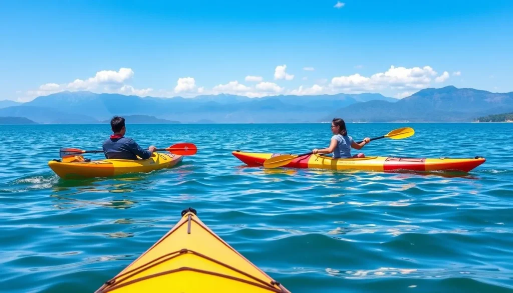 Tourists kayaking on the calm waters of Lake Toba with mountains in the background