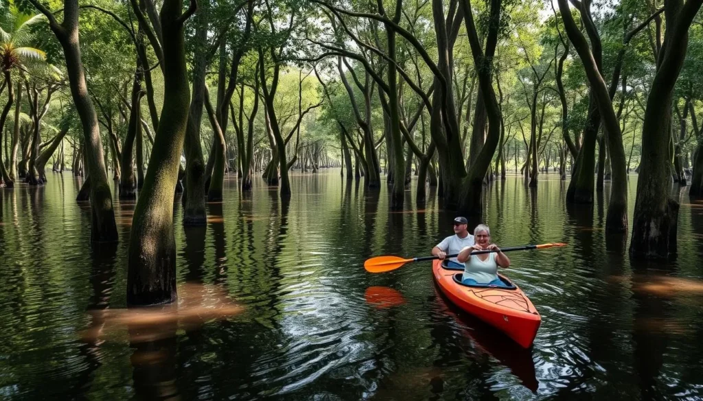 Tourists kayaking through flooded forest during high water season in the Amazon near Leticia, Colombia Tourists kayaking through flooded forest during high water season in the Amazon near Leticia, Colombia