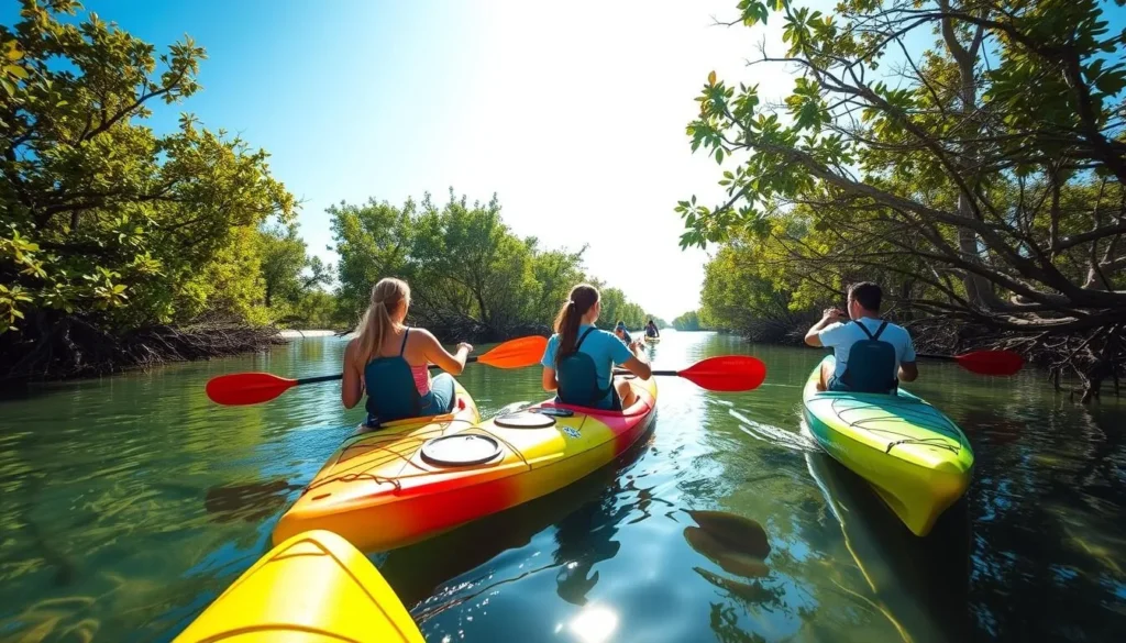 Tourists kayaking through the mangrove lagoons near Barka