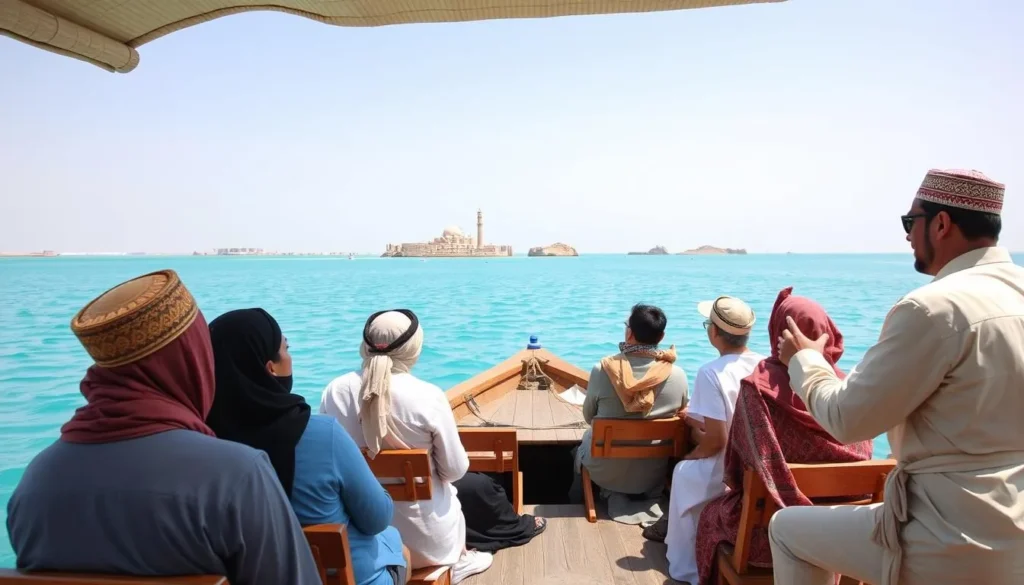Tourists of diverse backgrounds enjoying a guided boat tour in Umluj, Saudi Arabia Tourists of diverse backgrounds enjoying a guided boat tour in Umluj, Saudi Arabia