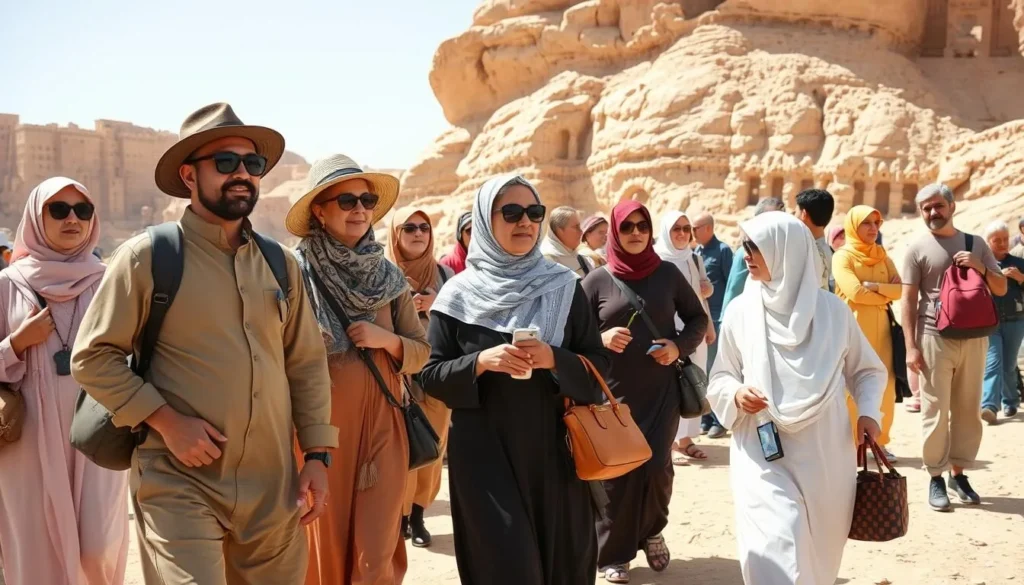 Tourists of diverse backgrounds exploring Al Ula with appropriate modest clothing Tourists of diverse backgrounds exploring Al Ula with appropriate modest clothing