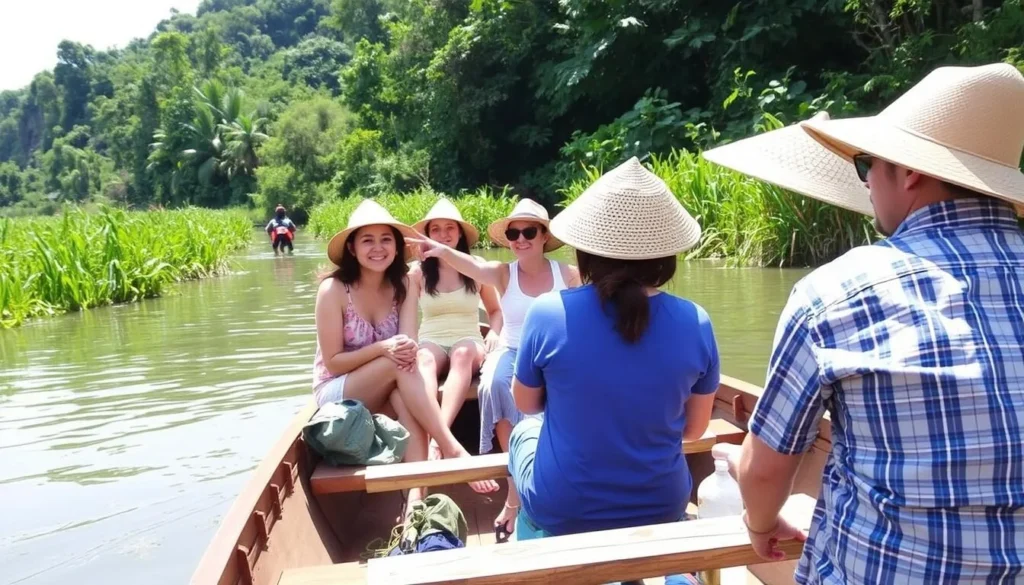 Tourists on a boat tour along the Xe Pian River in the protected area