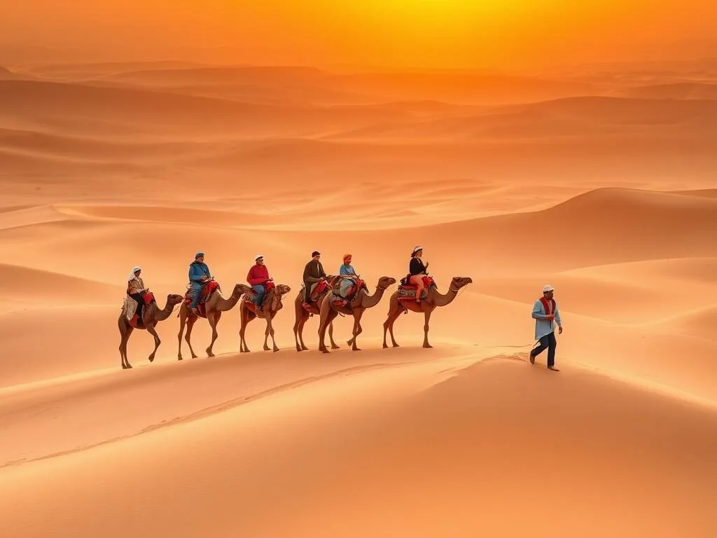 Tourists on camels trekking through the golden sand dunes near Tataouine at sunset Tourists on camels trekking through the golden sand dunes near Tataouine at sunset
