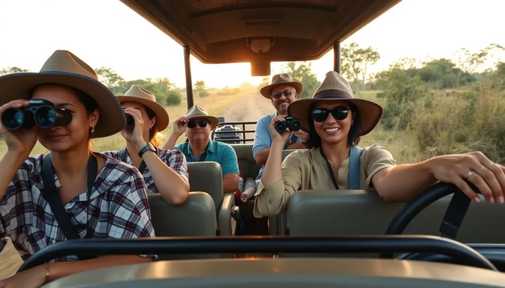 Tourists on safari in Wasgamuwa National Park with guide and proper safari attire