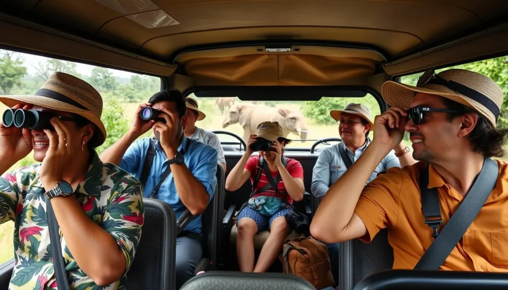 Tourists on safari in Wilpattu National Park with binoculars and cameras