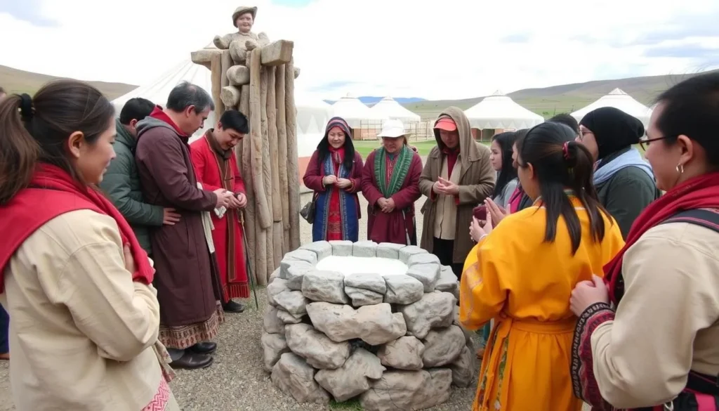 Tourists participating in a traditional Mongolian ceremony with local nomads near Lake Khubsugul